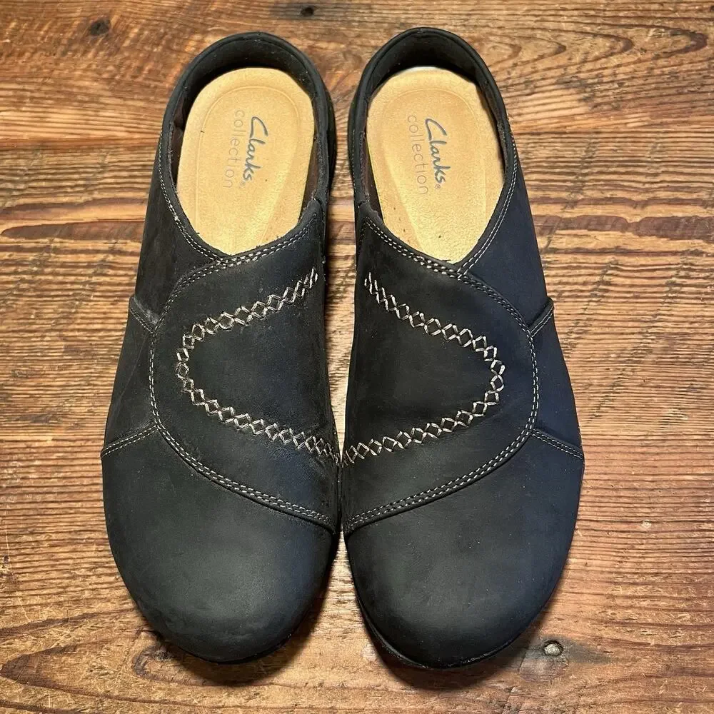 Clarks Roseville Faye Clogs Black Leather Slip On Mules Size 9 Comfort Shoes - Picture 5 of 14